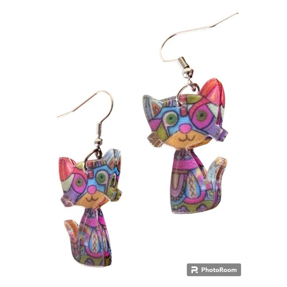Whimsical Cat Earrings New Multicolor Kitty Lover Dangle Hooks Christmas… - Picture 5 of 6